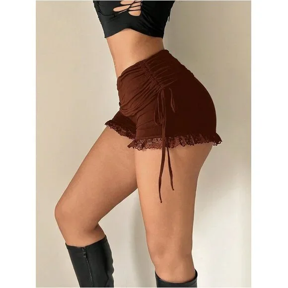 Women's Light Brown Side Drawstring Ruched Lace Shorts Stretchy Mini Shorts - Picture 3 of 5